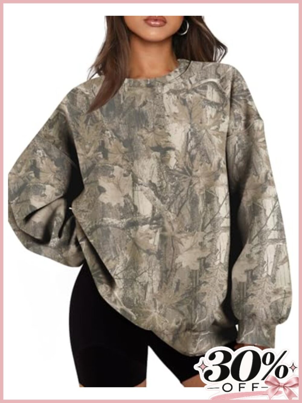 Oversized Camo Maple Leaf Print Sweatshirt Cotton Blend Fleece Lined Crewneck
